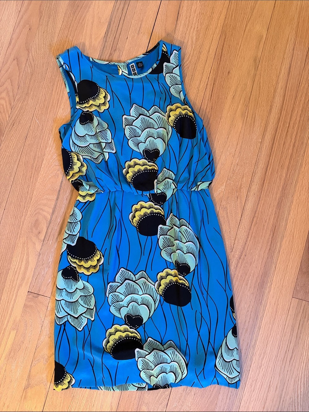 Anthropologie Bright Blue and Yellow Floral Sleeveless Silk Dress